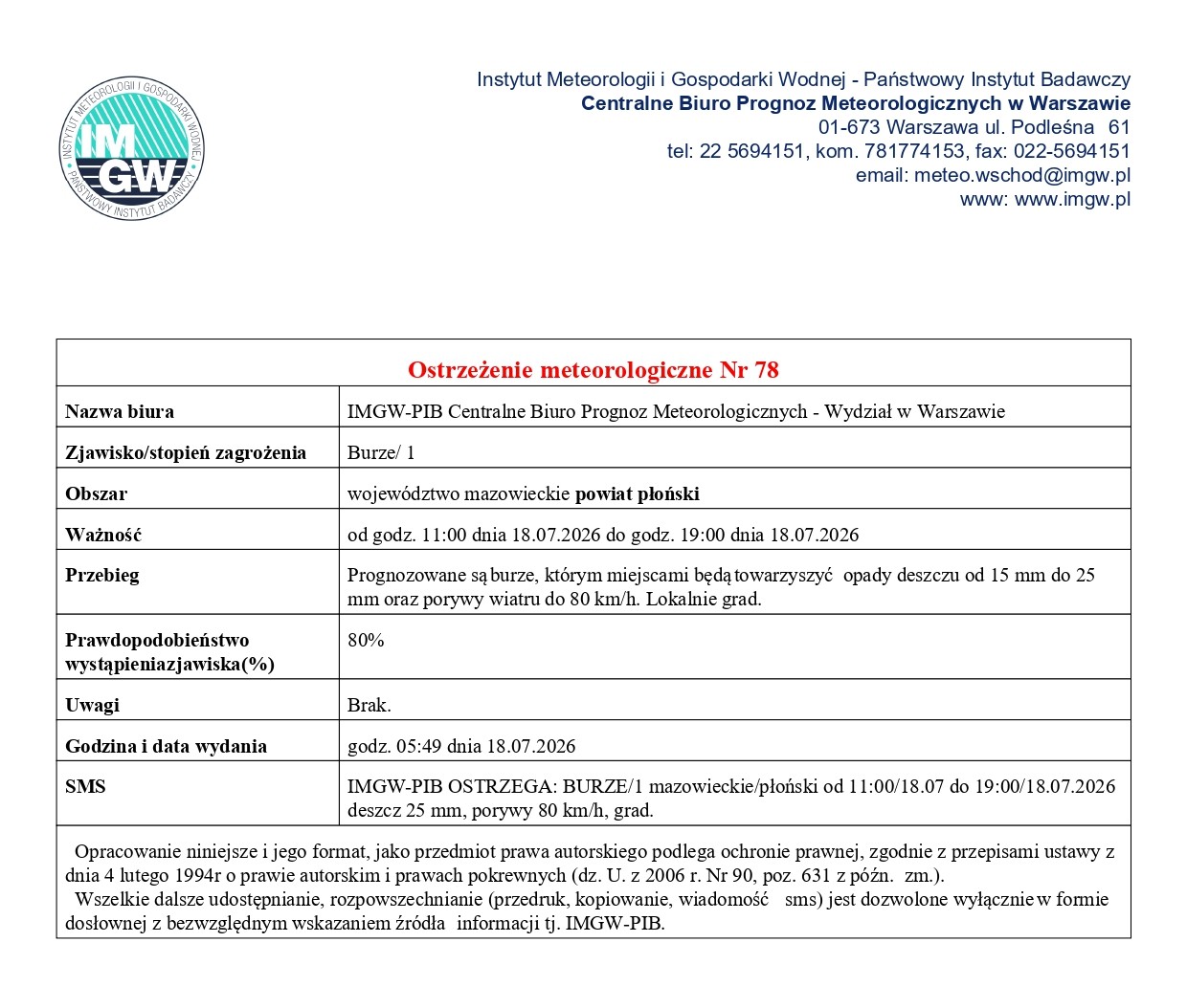 Ostrzeżenie meteorologiczne Nr 78 z dnia 18.07.2026 r.