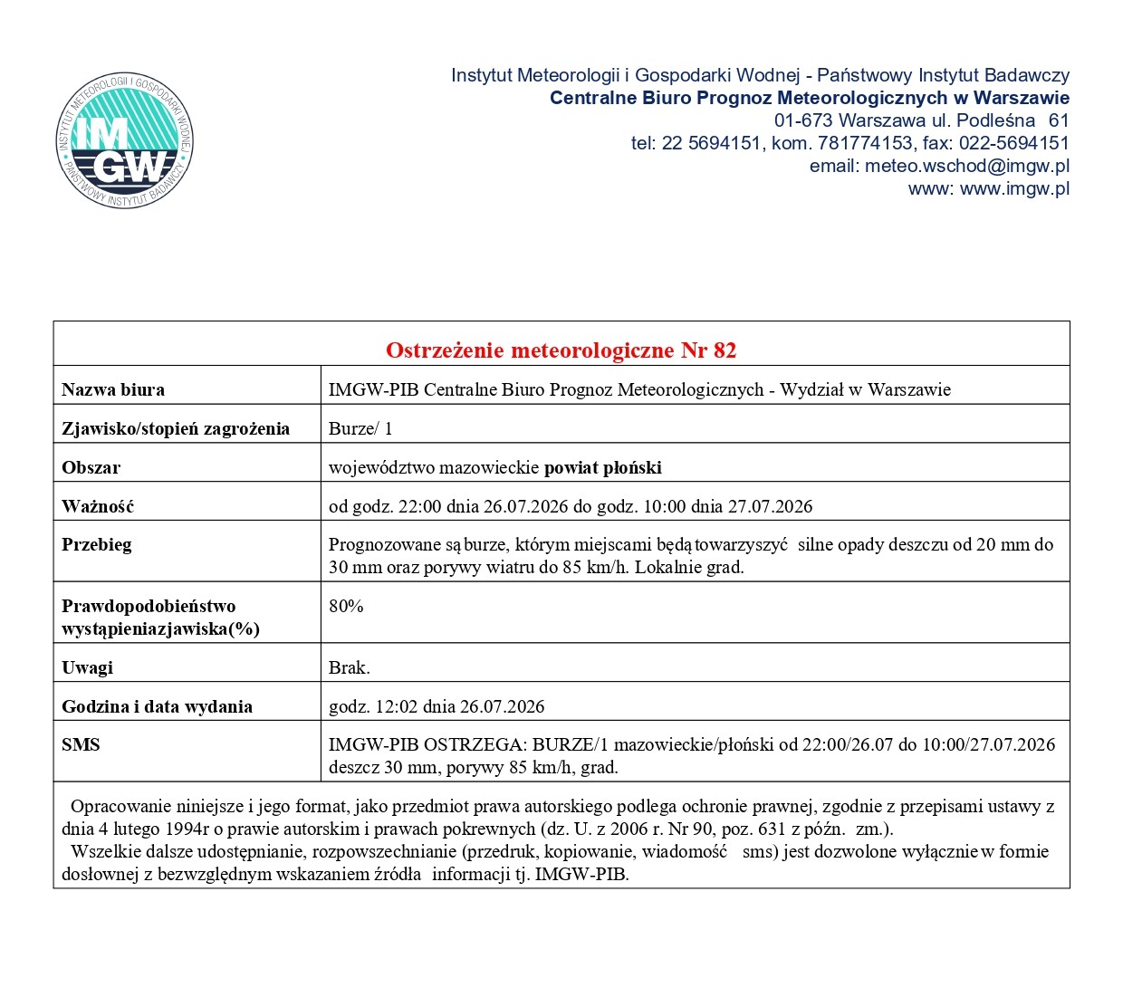 Ostrzeżenie meteorologiczne Nr 82 z dnia 26.07.2026 r.