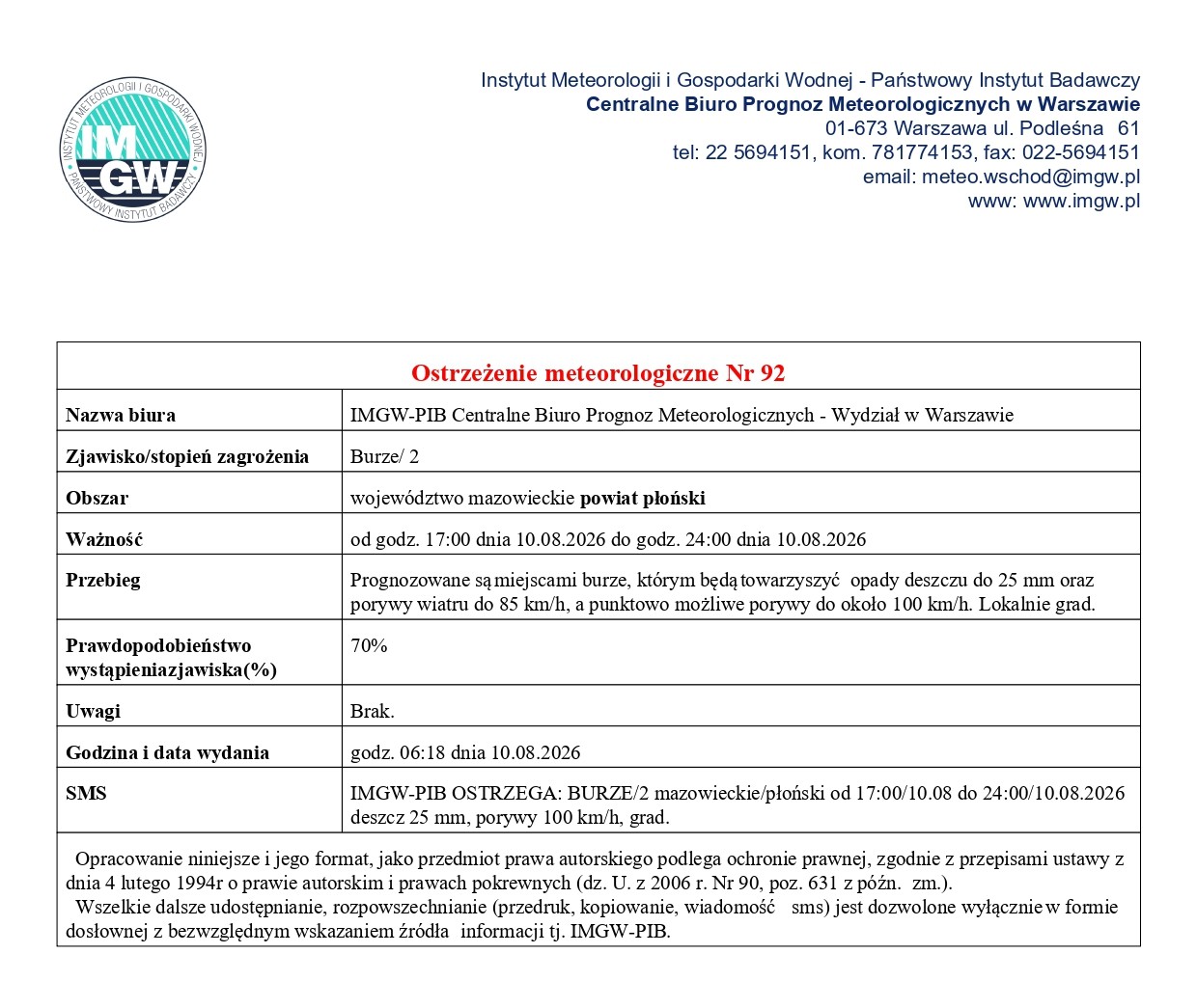 Ostrzeżenie meteorologiczne Nr 92 z dnia 10.08.2026 r.