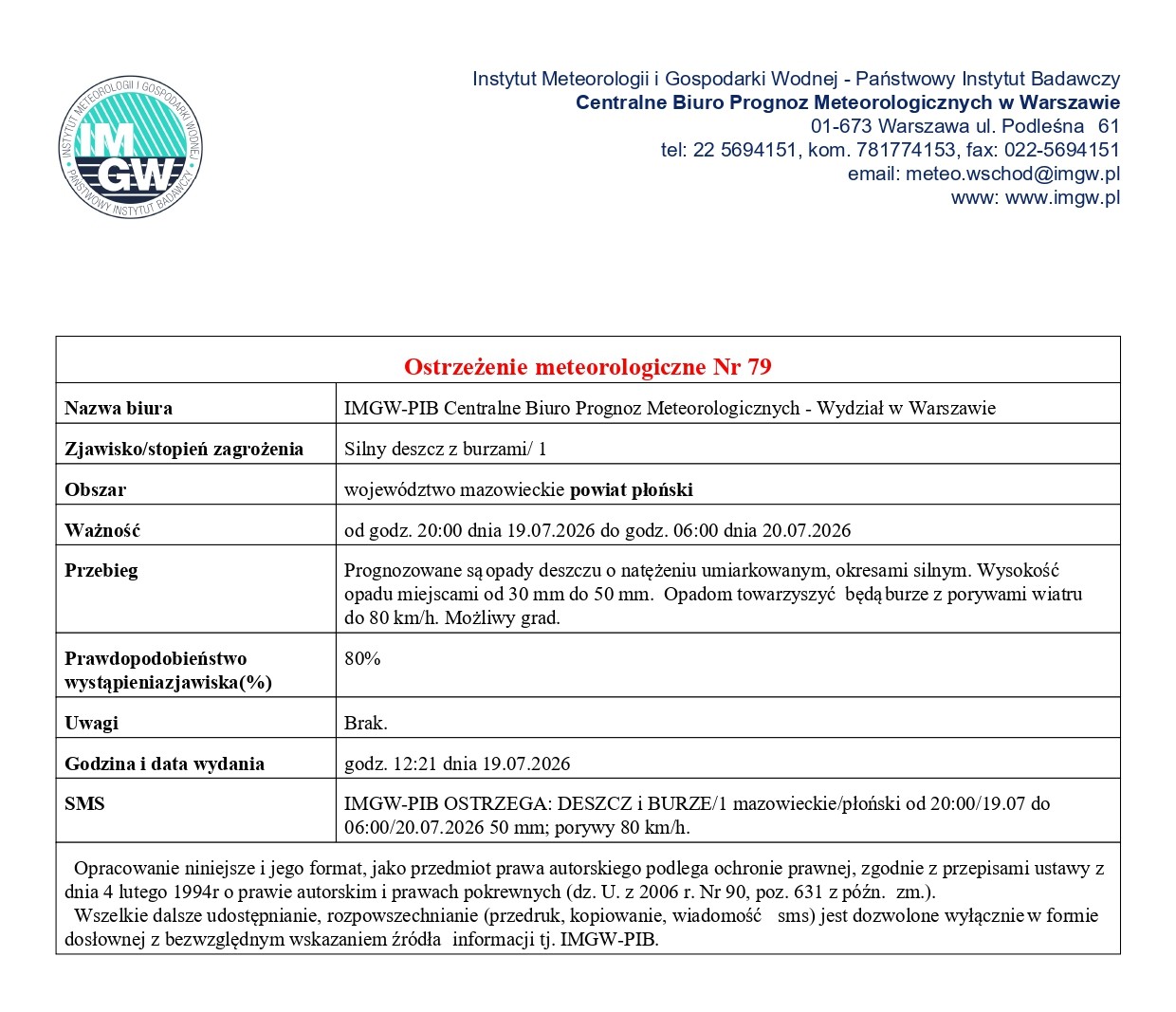 Ostrzeżenie meteorologiczne Nr 79 z dnia 19.07.2026 r.