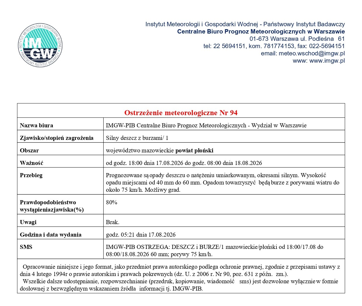 Ostrzeżenie meteorologiczne Nr 94 z dnia 17.08.2026 r.