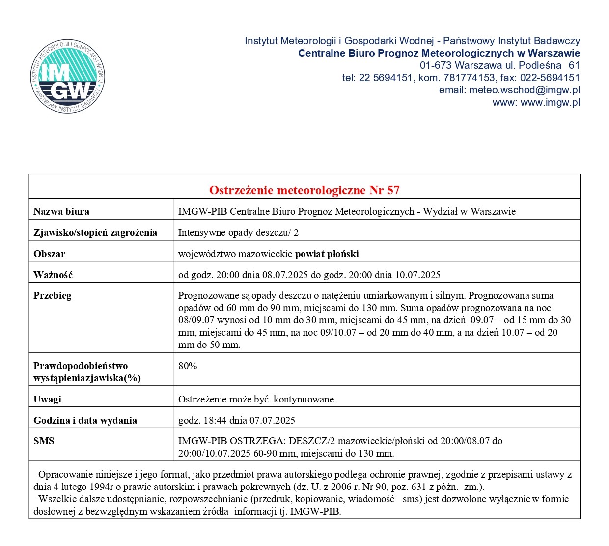 Ostrzeżenie meteorologiczne Nr 56 i 57 z dnia 07.07.2025 r.