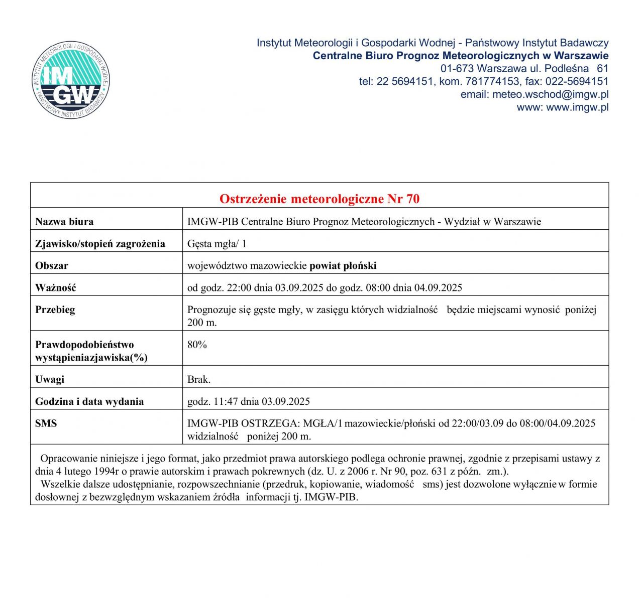 Ostrzeżenie meteorologiczne nr 70 z dnia 03.09.2025 r