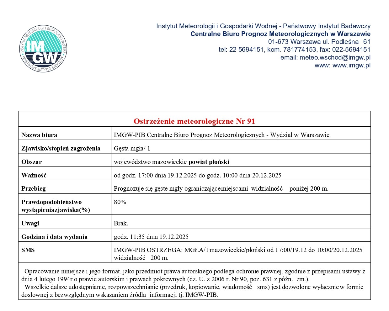 Ostrzeżenie meteorologiczne Nr 91 z dnia 19.12.2025