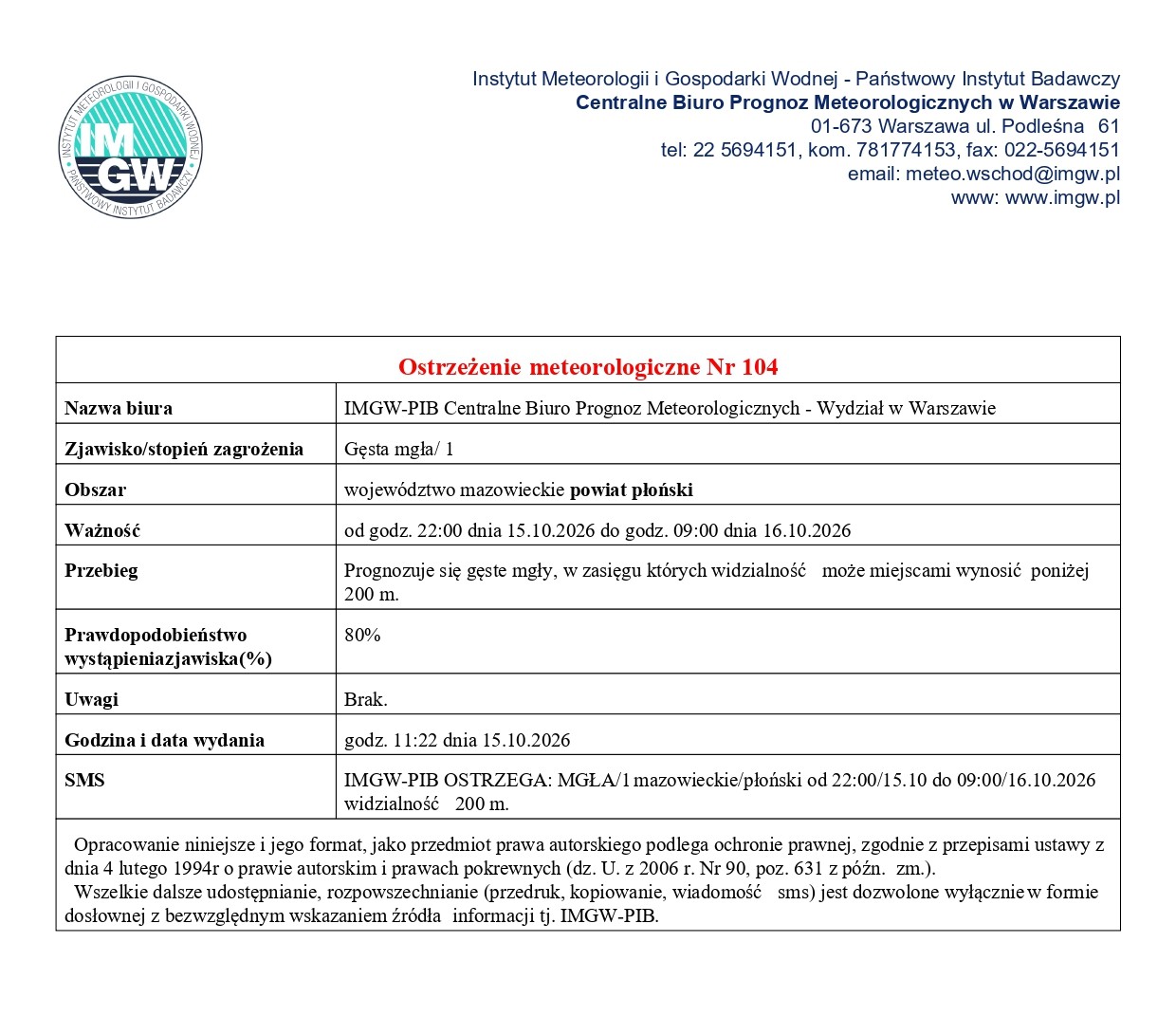 Ostrzeżenie meteorologiczne Nr 104 z dnia 15.10.2026 r.