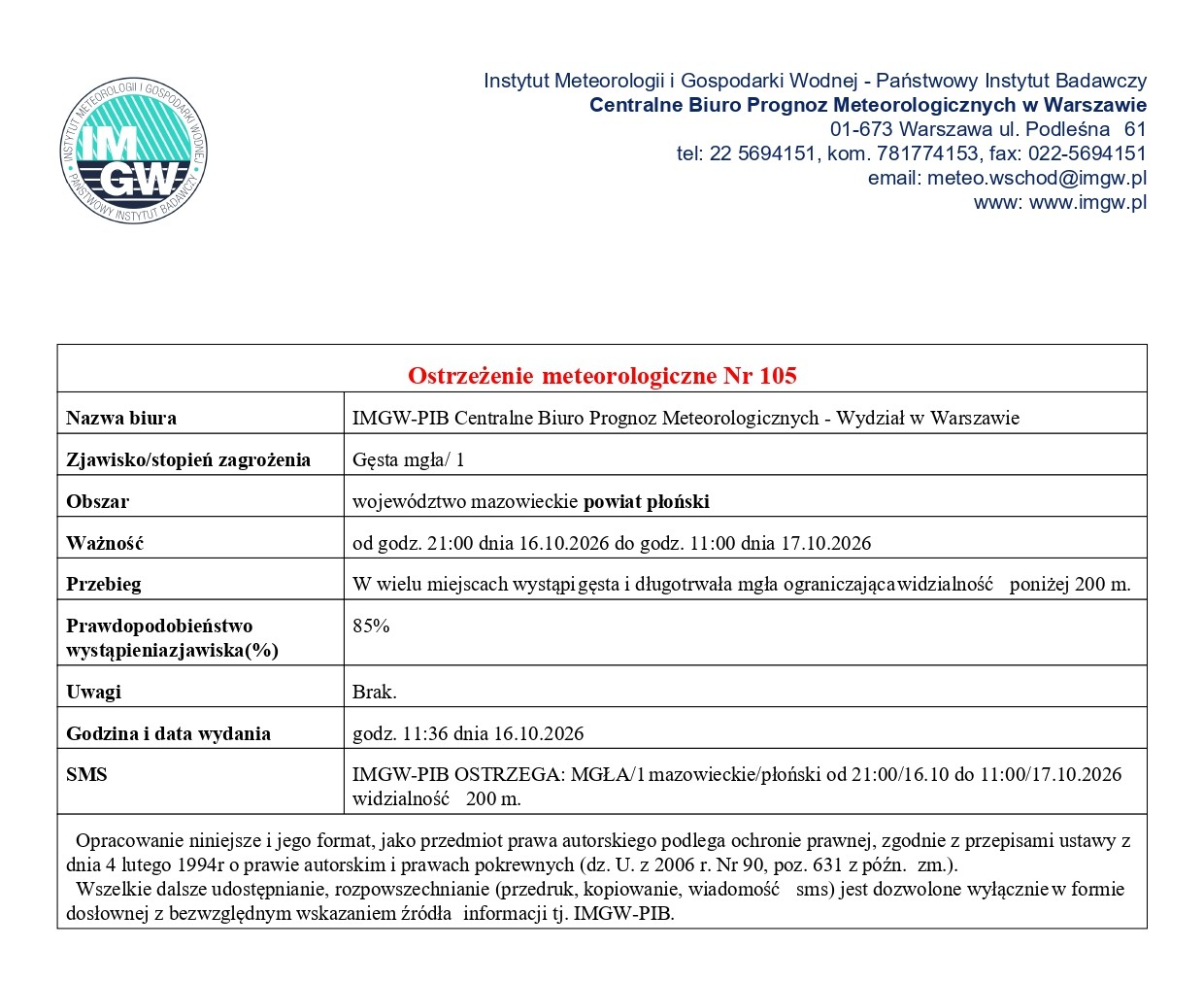 Ostrzeżenie meteorologiczne Nr 105 z dnia 16.10.2026 r.