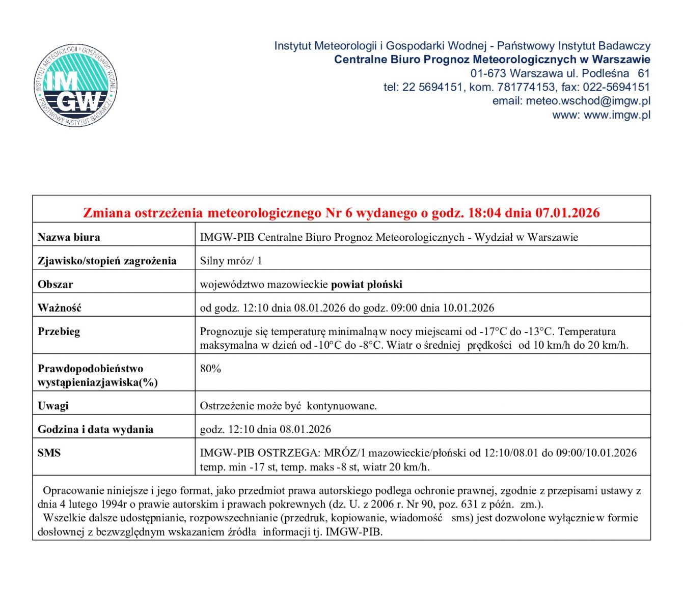 Zmiana ostrzeżenia meteorologicznego  Nr 6 z dnia 07.01.2026 r.
