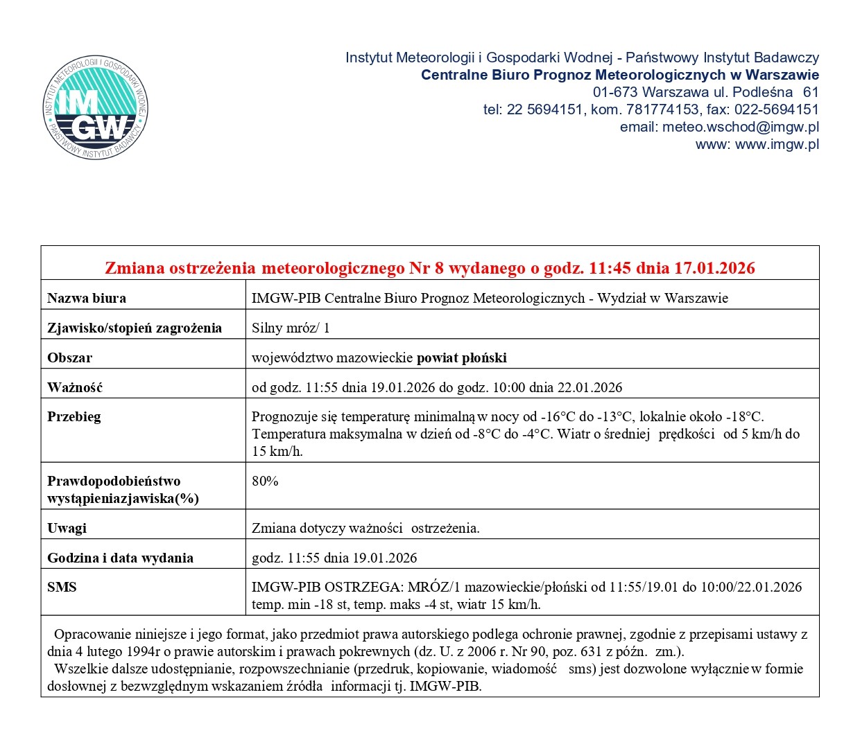 Zmiana ostrzeżenie meteorologicznego Nr 8 z dnia 17.01.2026 r.