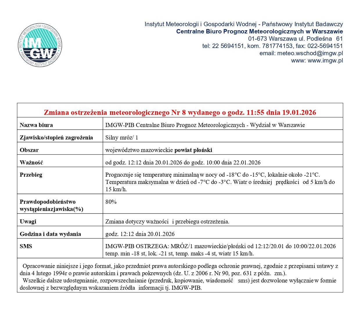 Zmiana ostrzeżenie meteorologicznego Nr 8 z dnia 19.01.2026 r.