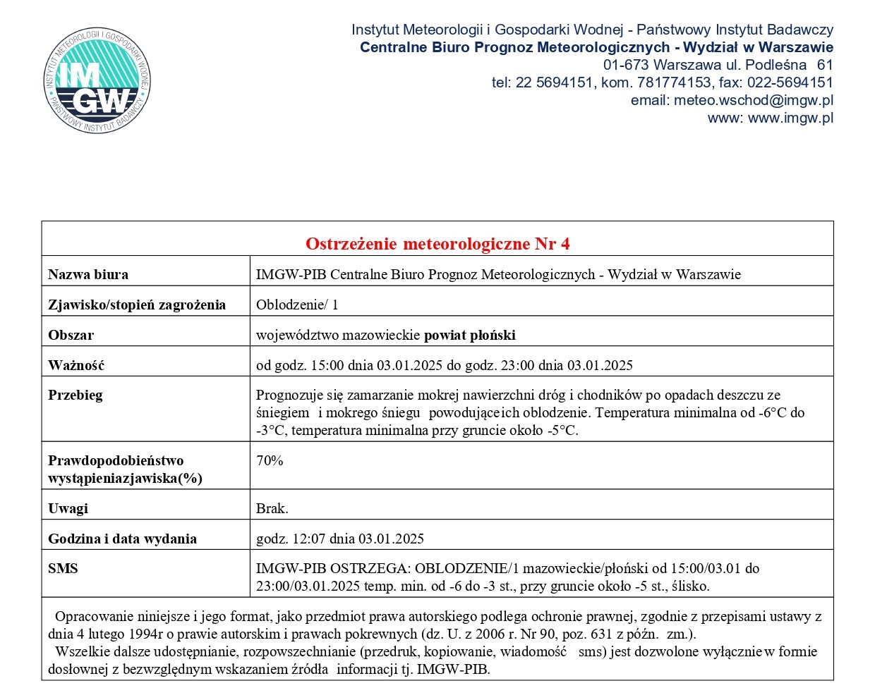 Ostrzeżenie meteorologiczne nr 4 z dnia 03.01.2025 r.