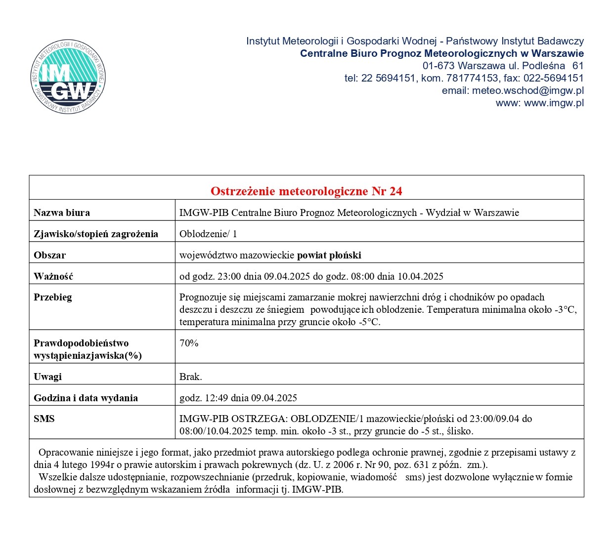 Ostrzeżenie meteorologiczne Nr 24 oraz Nr 25 z dnia 09.04.2025 r.