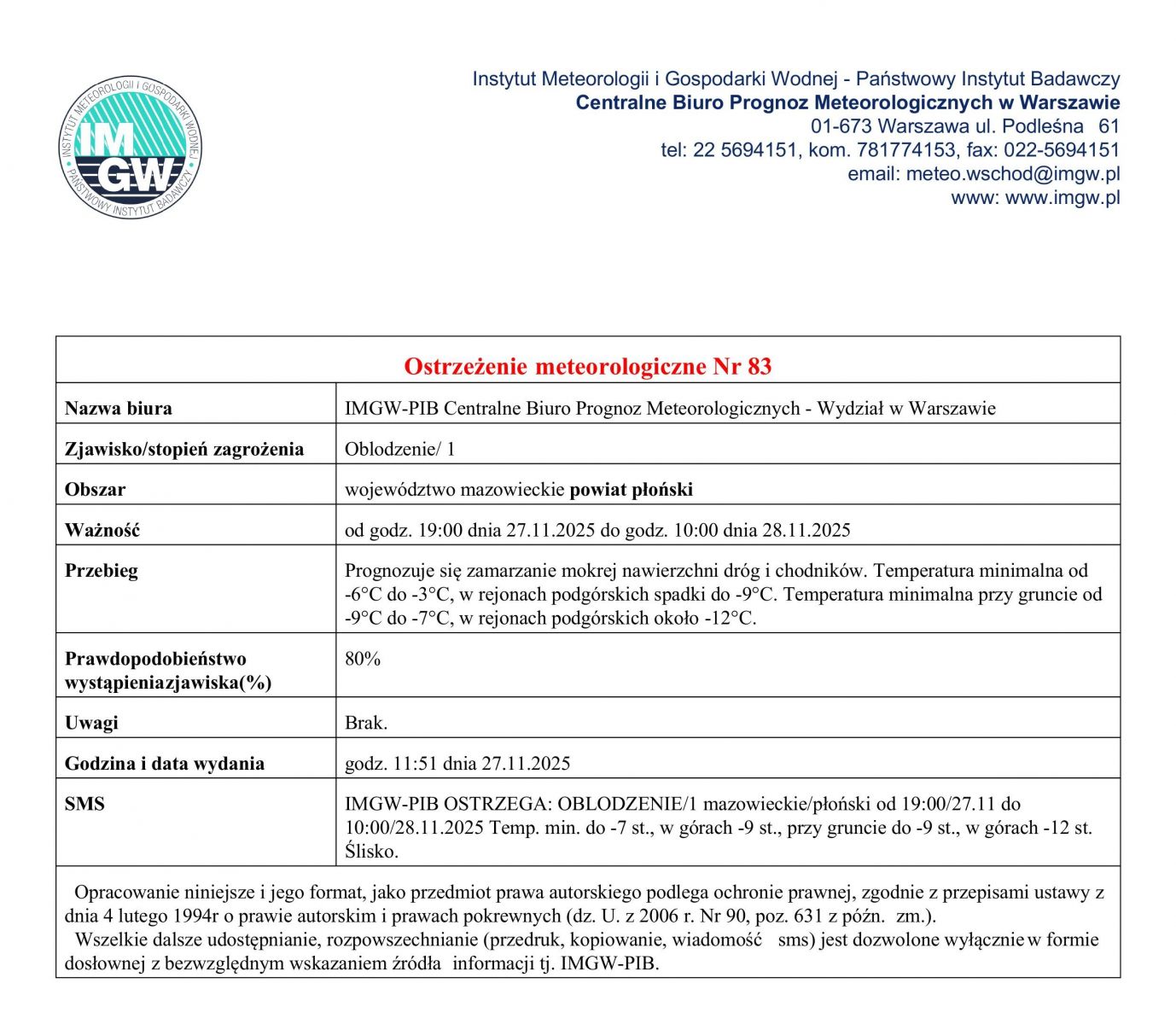 Ostrzeżenie meteorologiczne Nr 83 z dnia 27.11.2025