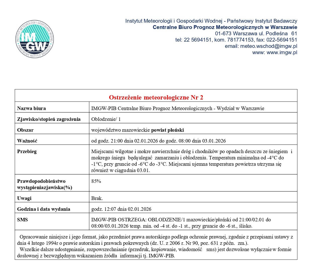 Ostrzeżenie meteorologiczne Nr 2 z dnia 02.01.2026