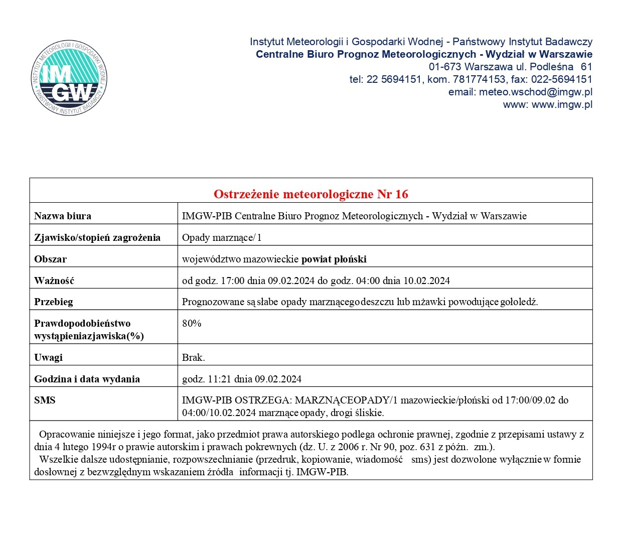 Ostrzeżenie meteorologiczne Nr 16 z dnia 09.02.2024 r.