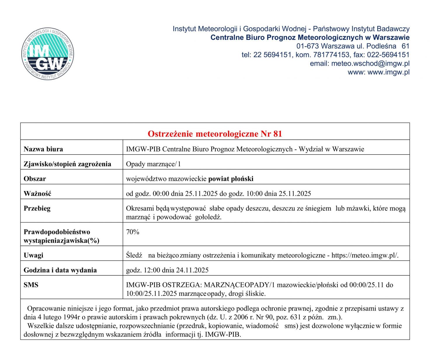 Ostrzeżenie meteorologiczne Nr 81 z dnia 24.11.2025 r.