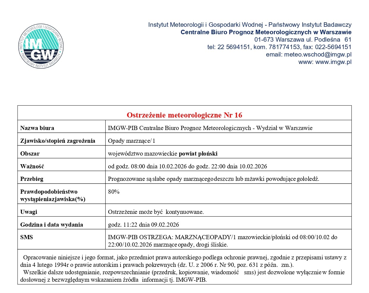 Ostrzeżenie meteorologiczne Nr 16 z dnia 09.02.2026 r.