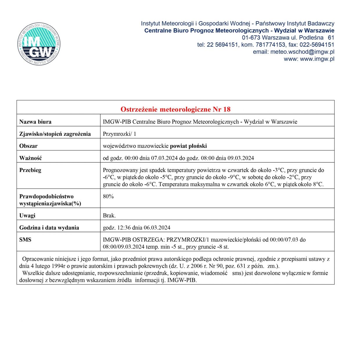 Ostrzeżenie meteorologiczne Nr 18 z dnia 06.03.2024 r.