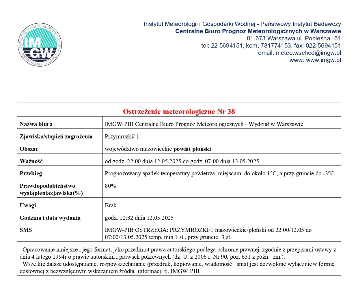 Ostrzeżenie meteorologiczne Nr 38 z dnia 12.05.2025 r.