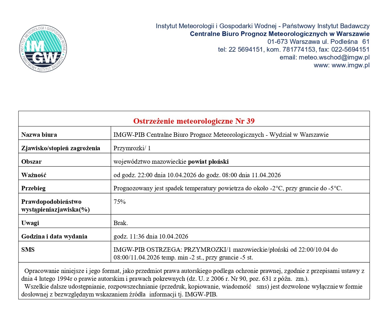 Ostrzeżenie meteorologiczne Nr 39 z dnia 10.04.2026