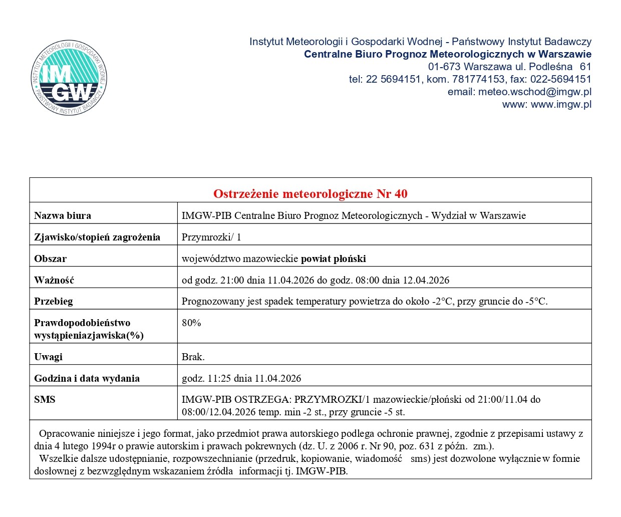 Ostrzeżenie meteorologiczne Nr 40 z dnia 11.04.2026