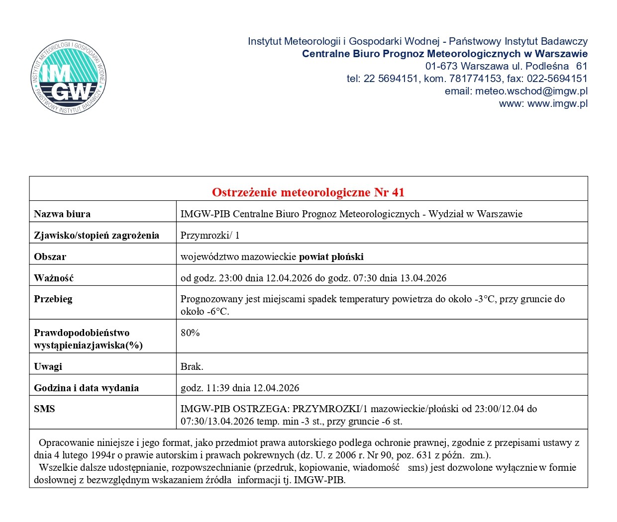 Ostrzeżenie meteorologiczne Nr 41 z dnia 12.04.2026