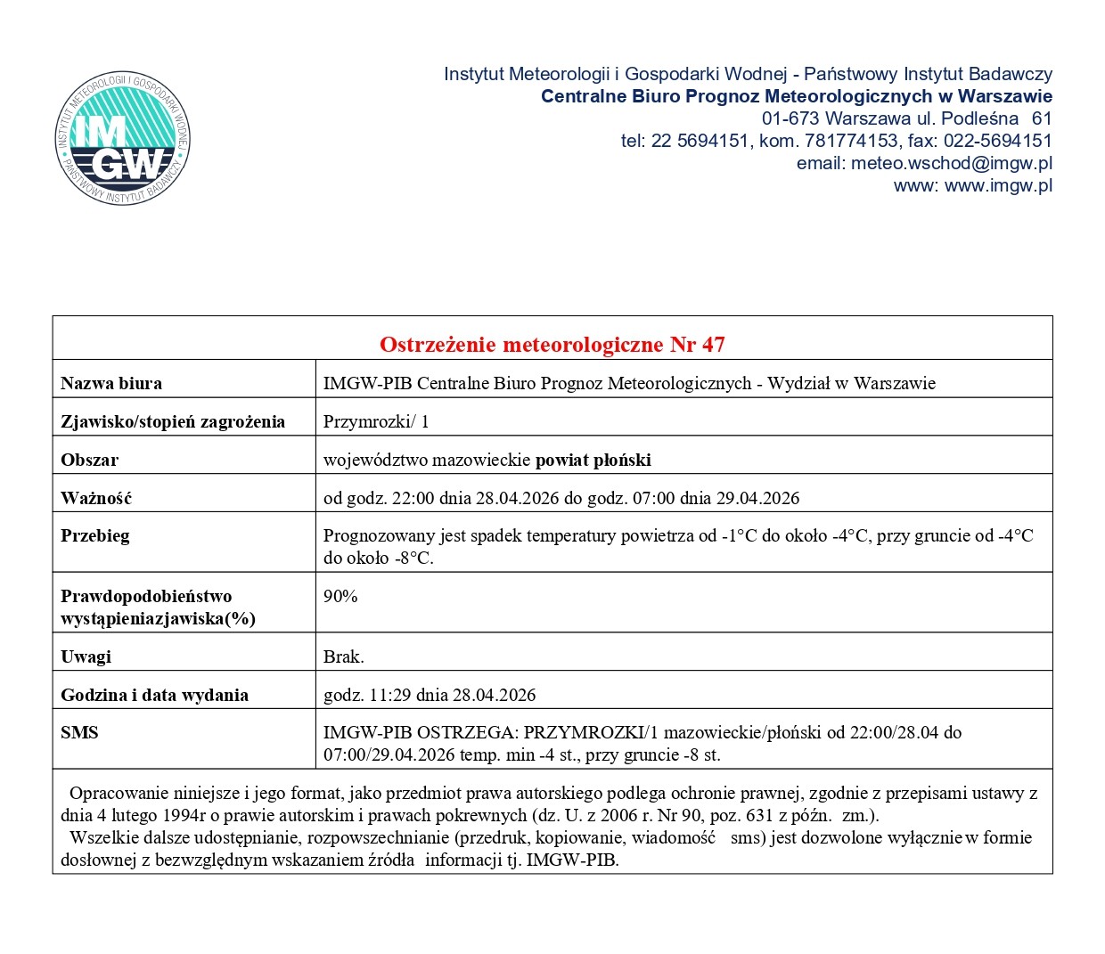 Ostrzeżenie meteorologiczne Nr 47 z dnia 28.04.2026