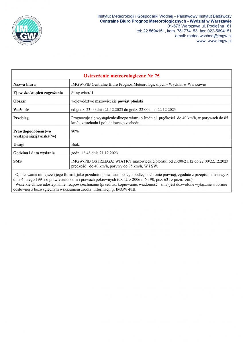 Ostrzeżenie meteorologiczne Nr 75 z dnia 21.12.2023 r.