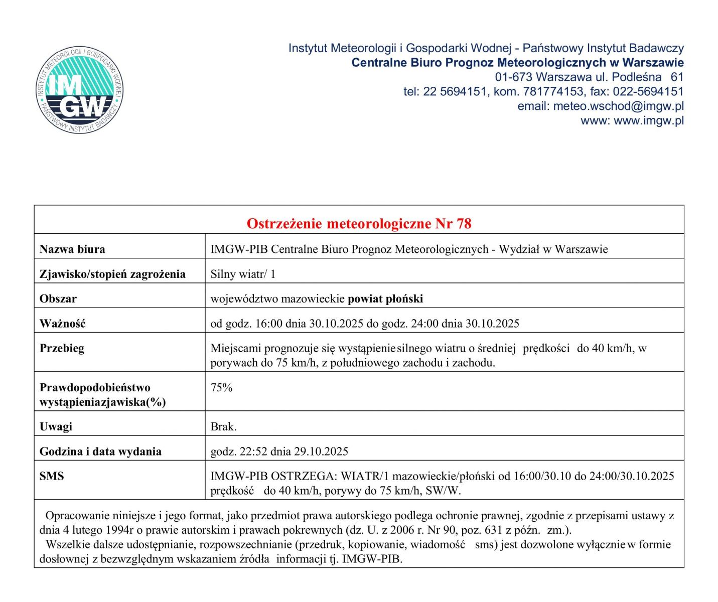 Ostrzeżenie meteorologiczne Nr 78 z dnia 30.10.2025 r.