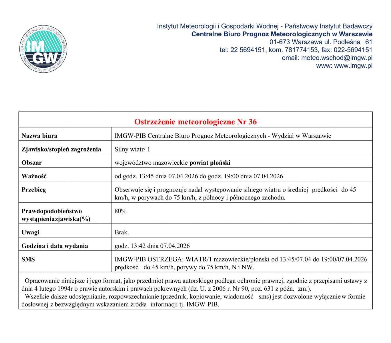 Ostrzeżenie meteorologiczne Nr 36 z dnia 07.04.2026