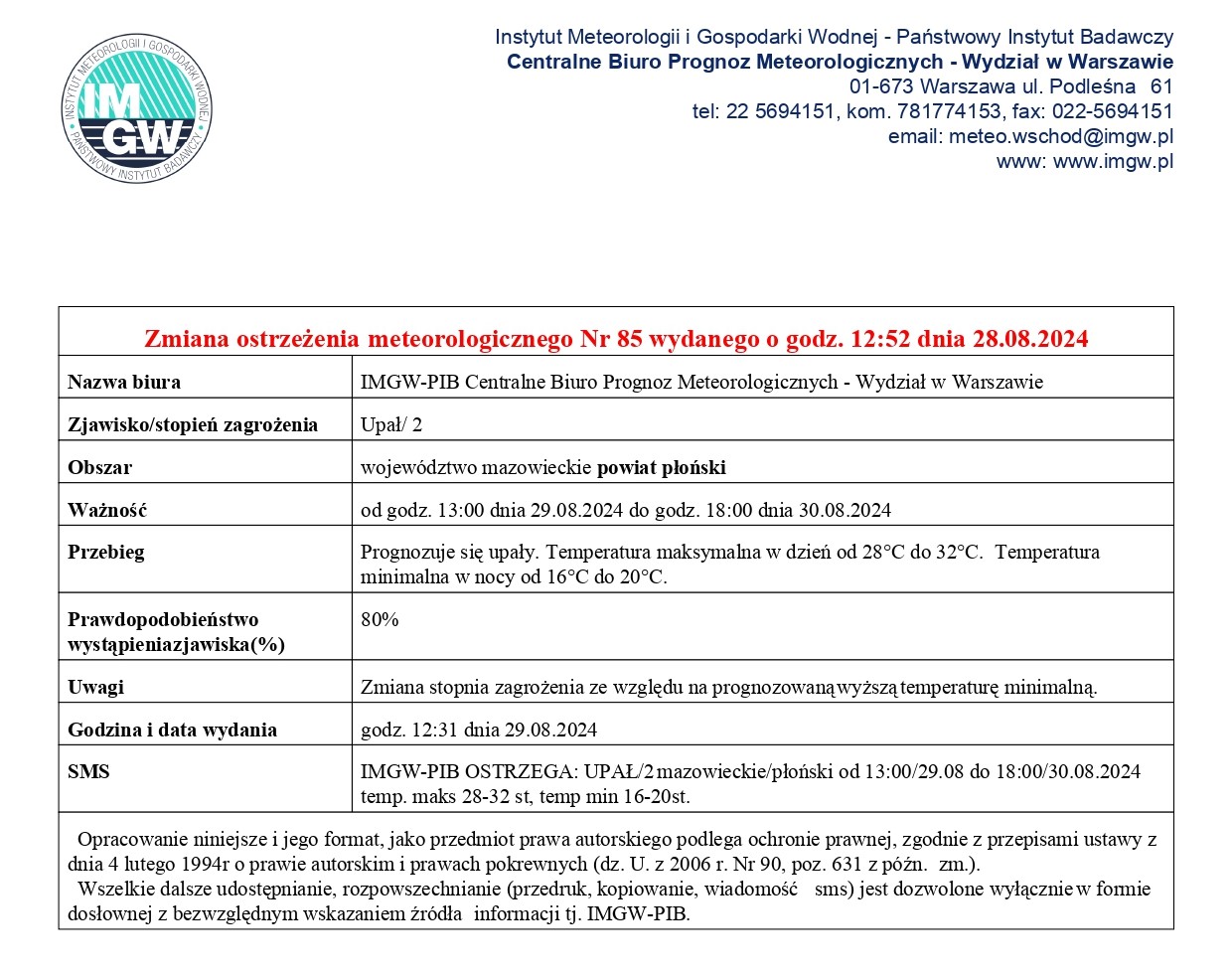 Zmiana ostrzeżenia meteorologicznego Nr 85 z dnia 28.08.2024 r.