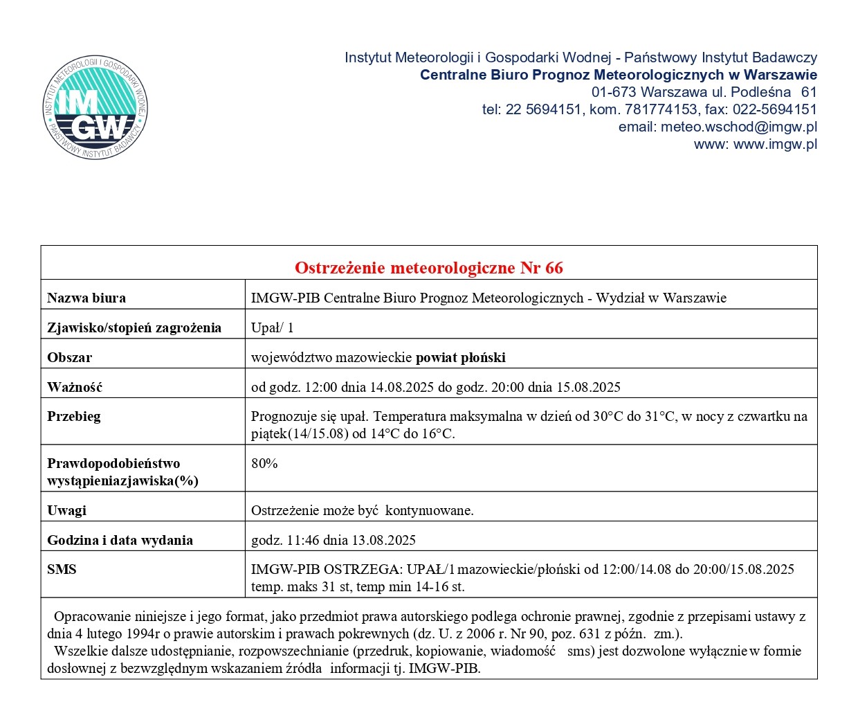 Ostrzeżenie meteorologiczne Nr 66 z dnia 13.08.2025 r.