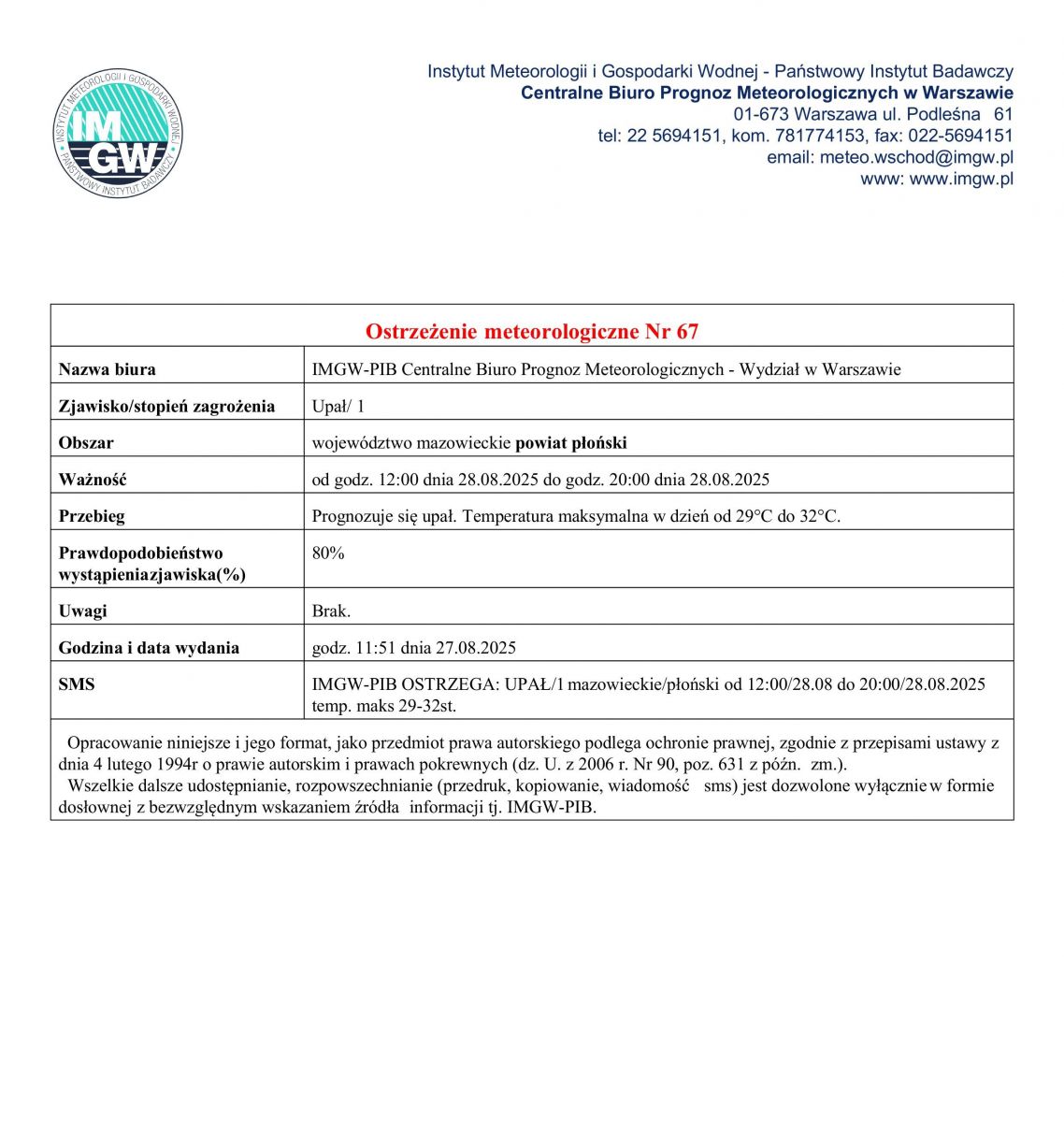 Ostrzeżenie meteorologiczne nr 67 z dnia 27.08.2025 r.