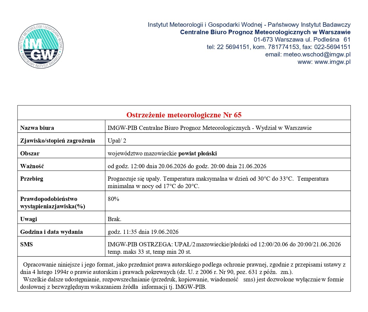 Ostrzeżenie meteorologiczne Nr 65 z dnia 19.06.2026 r.