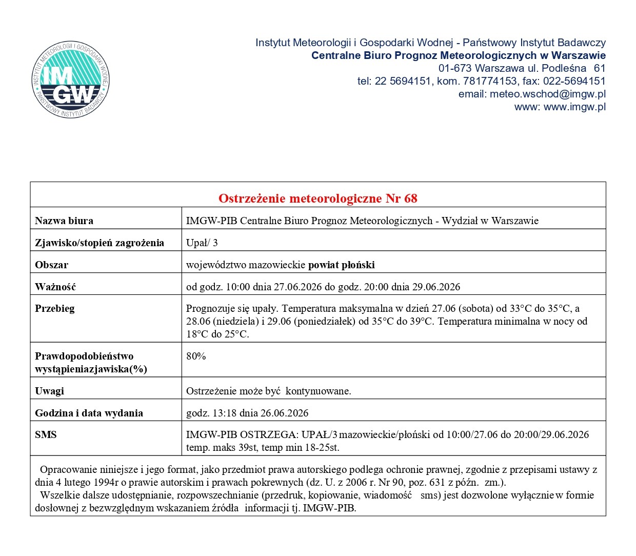 Ostrzeżenie meteorologiczne Nr 68 z dnia 26.06.2026 r.
