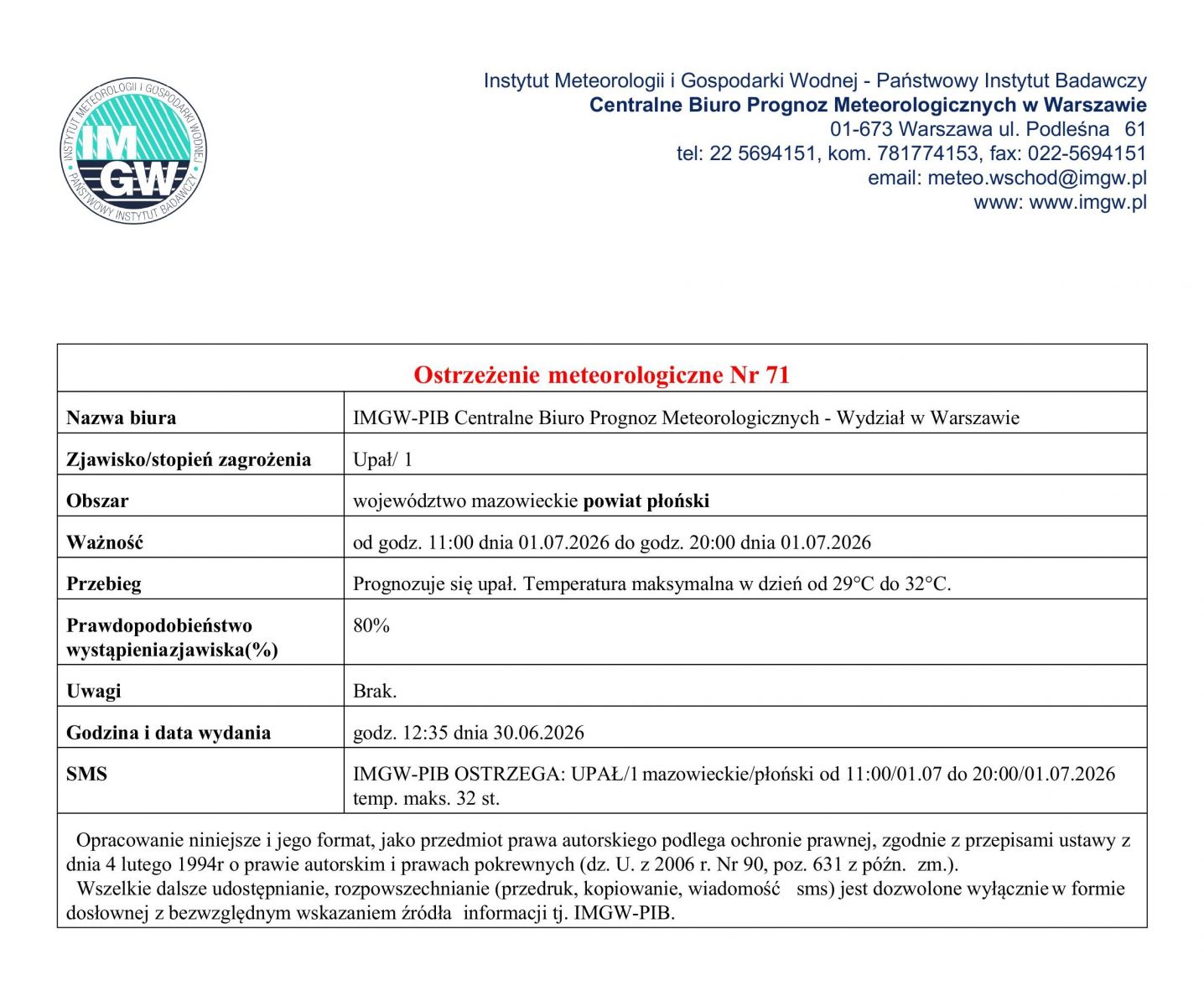 Ostrzeżenie meteorologiczne Nr 71 z dnia 30.06.2026 r.