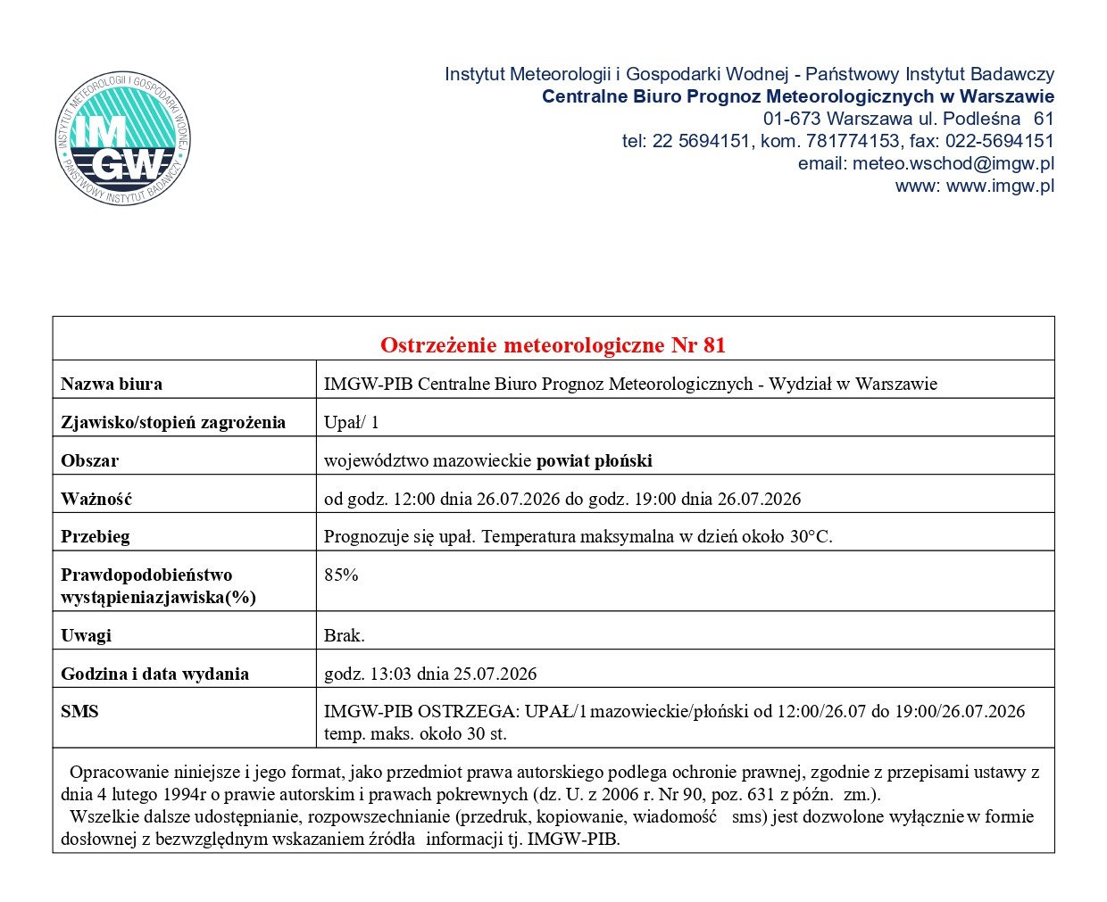 Ostrzeżenie meteorologiczne Nr 81 z dnia 25.07.2026 r.