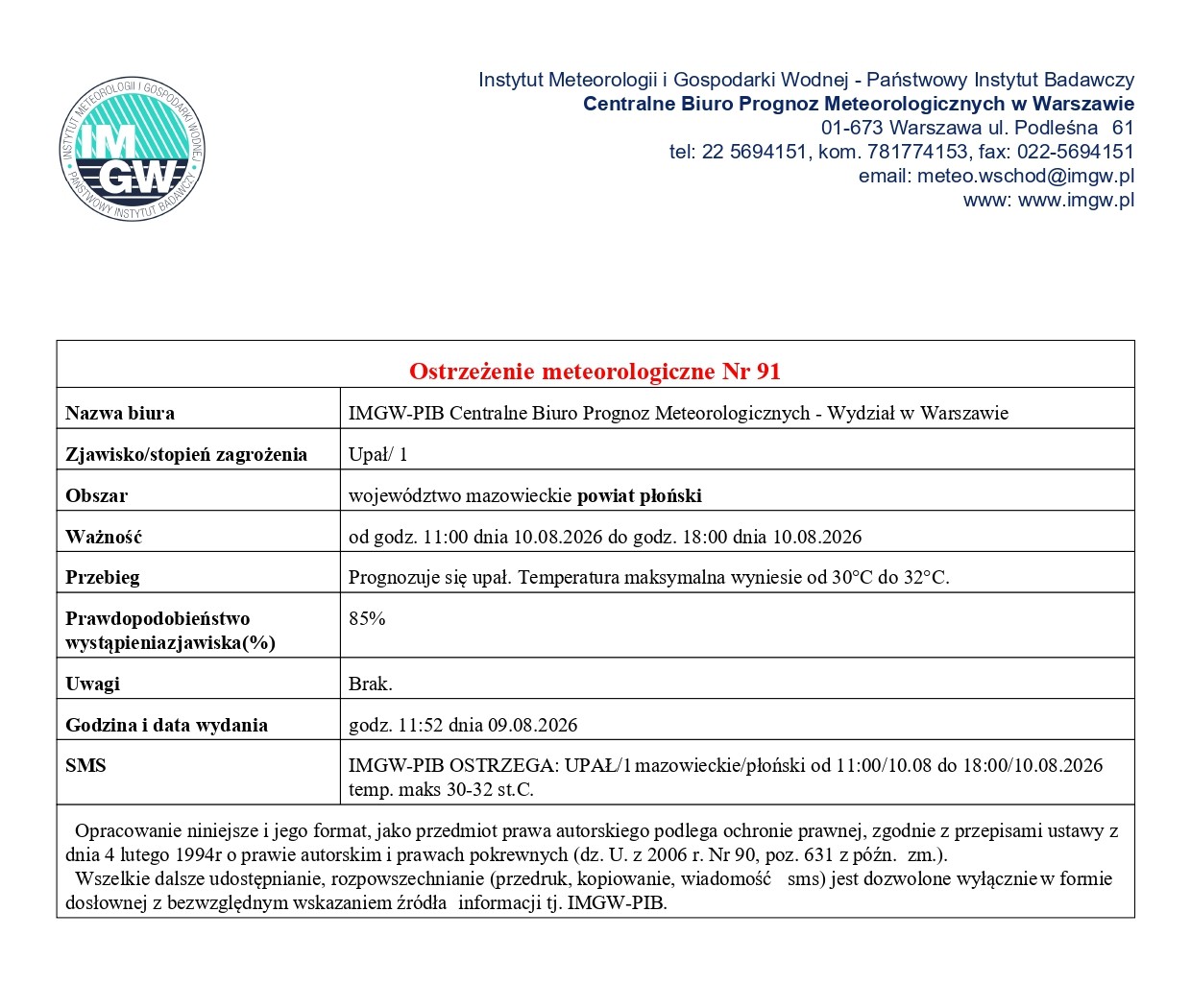 Ostrzeżenie meteorologiczne Nr 91 z dnia 09.08.2026 r.