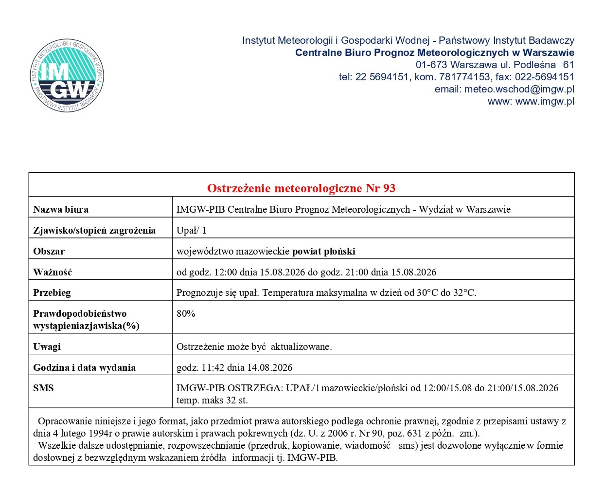 Ostrzeżenie meteorologiczne Nr 93 z dnia 14.08.2026 r.