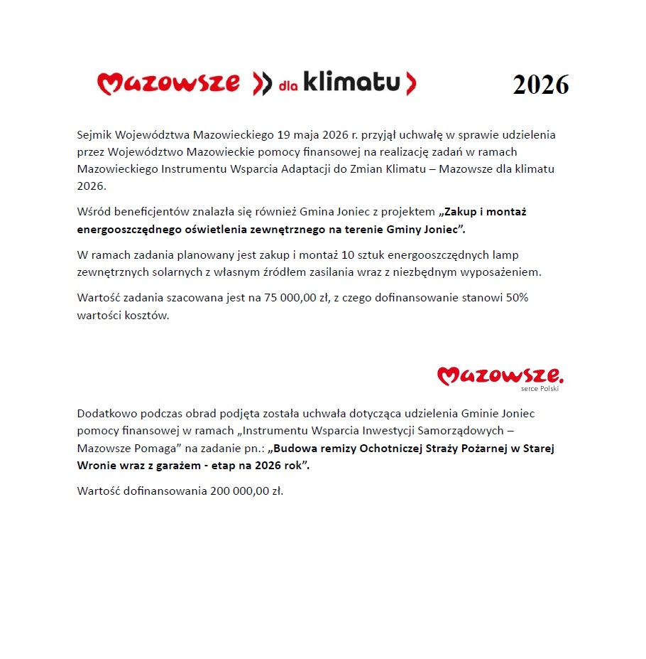Kolejne dofinansowania dla Gminy Joniec