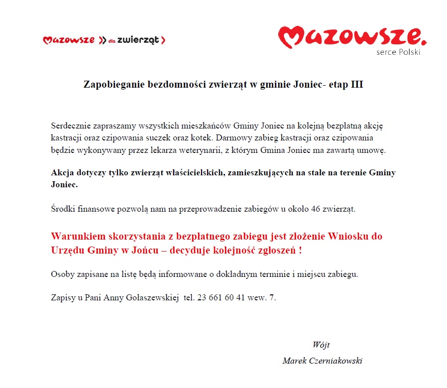 Zapobieganie bezdomności zwierząt w gminie Joniec- etap III