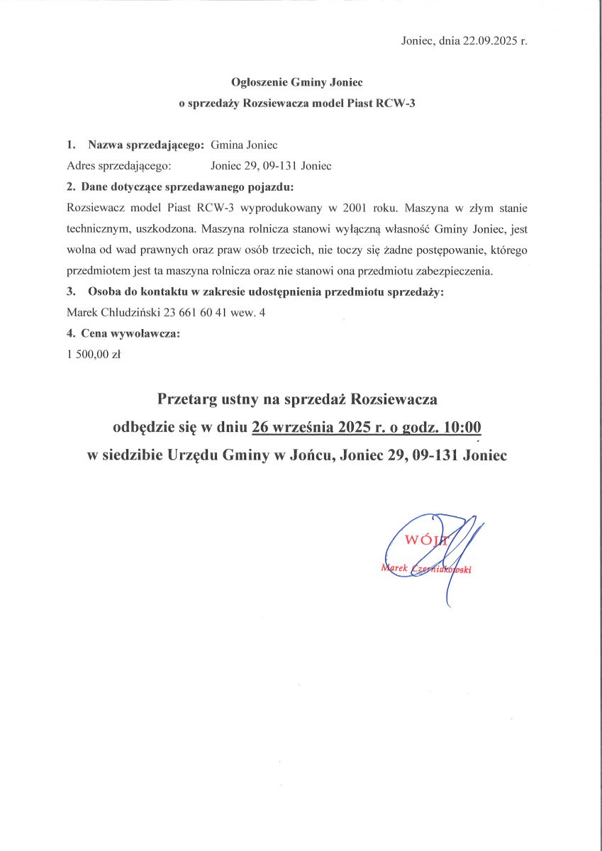 Ogłoszenie o sprzedaży Rozsiewacza