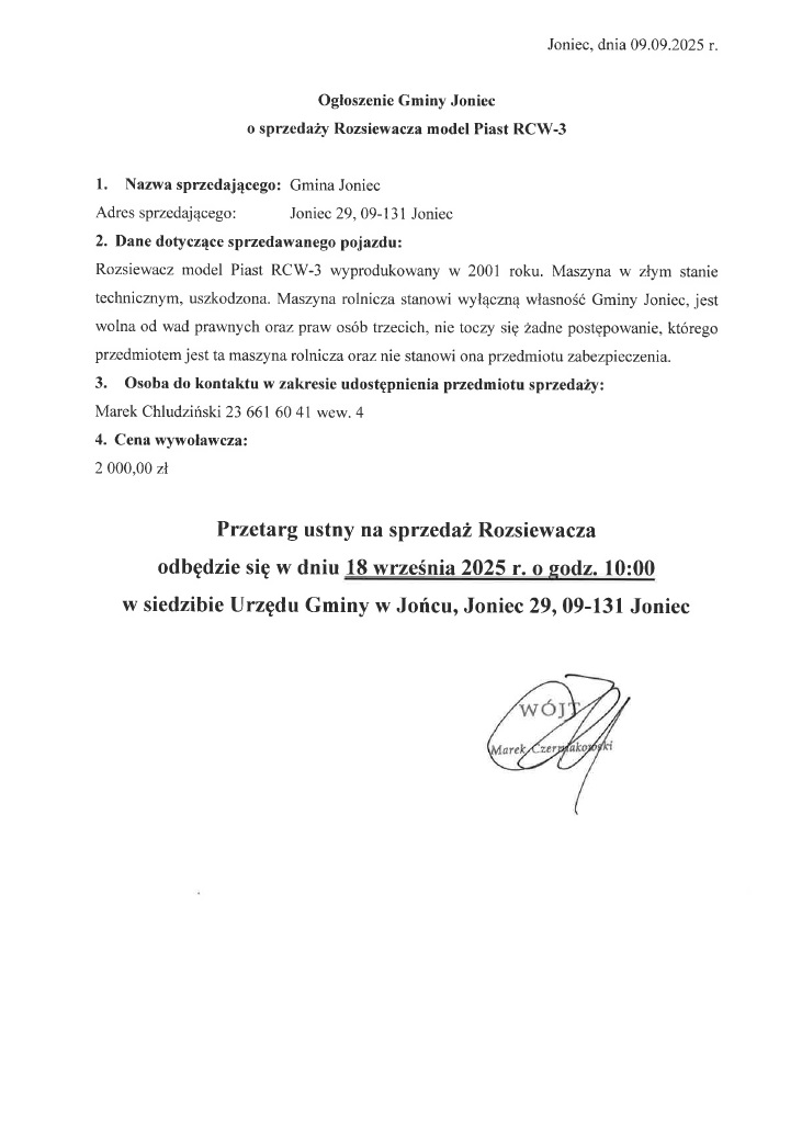 Ogłoszenie o sprzedaży