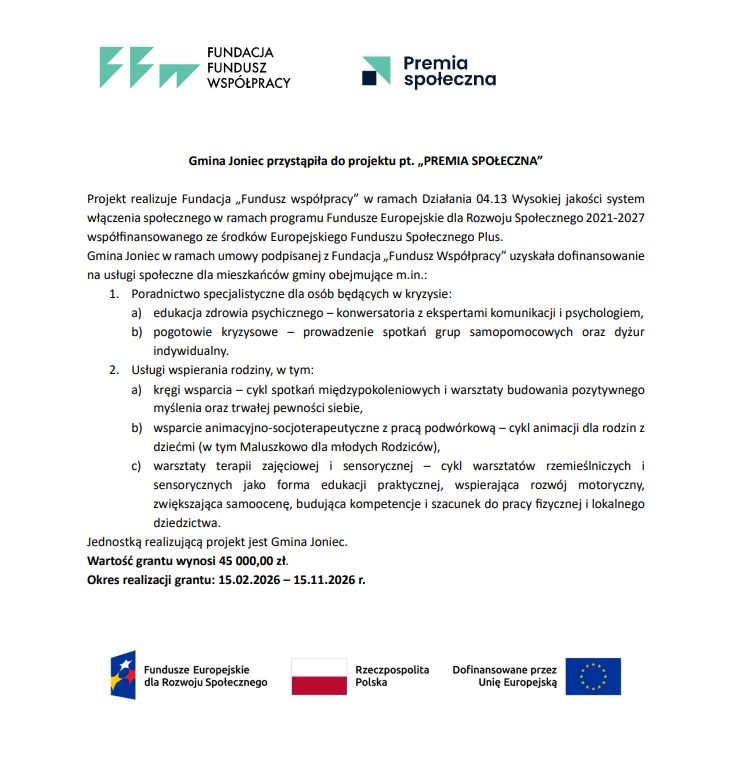 Gmina Joniec przystąpiła do projektu pt. &bdquo;PREMIA SPOŁECZNA&rdquo;
