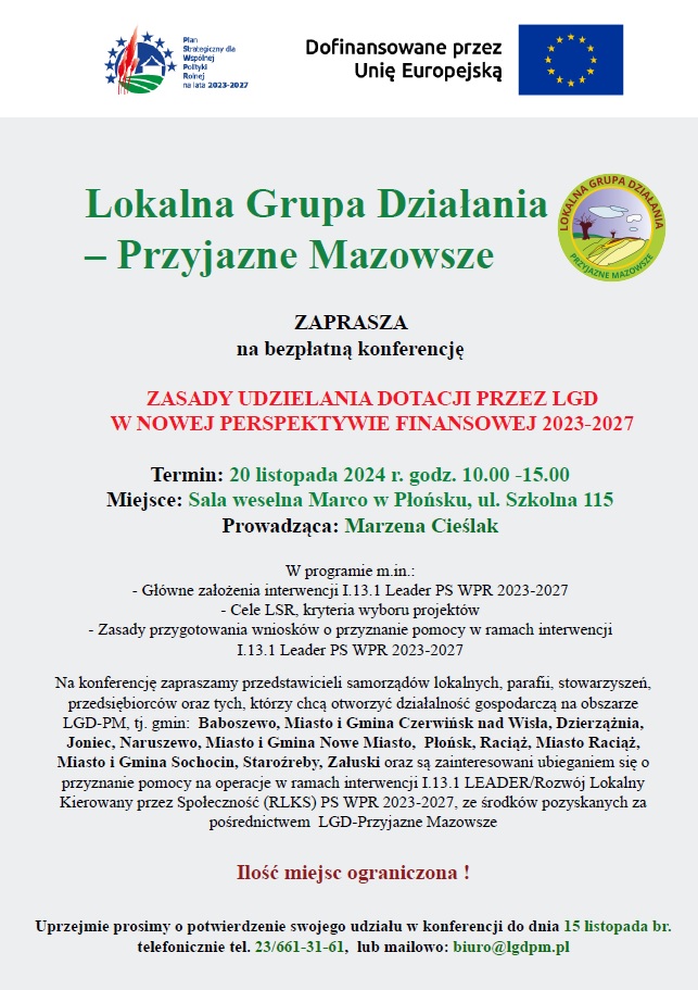 Zaproszenie od LGD – Przyjazne Mazowsze na konferencję nt. dotacji w nowej perspektywie finansowej 2023-2027