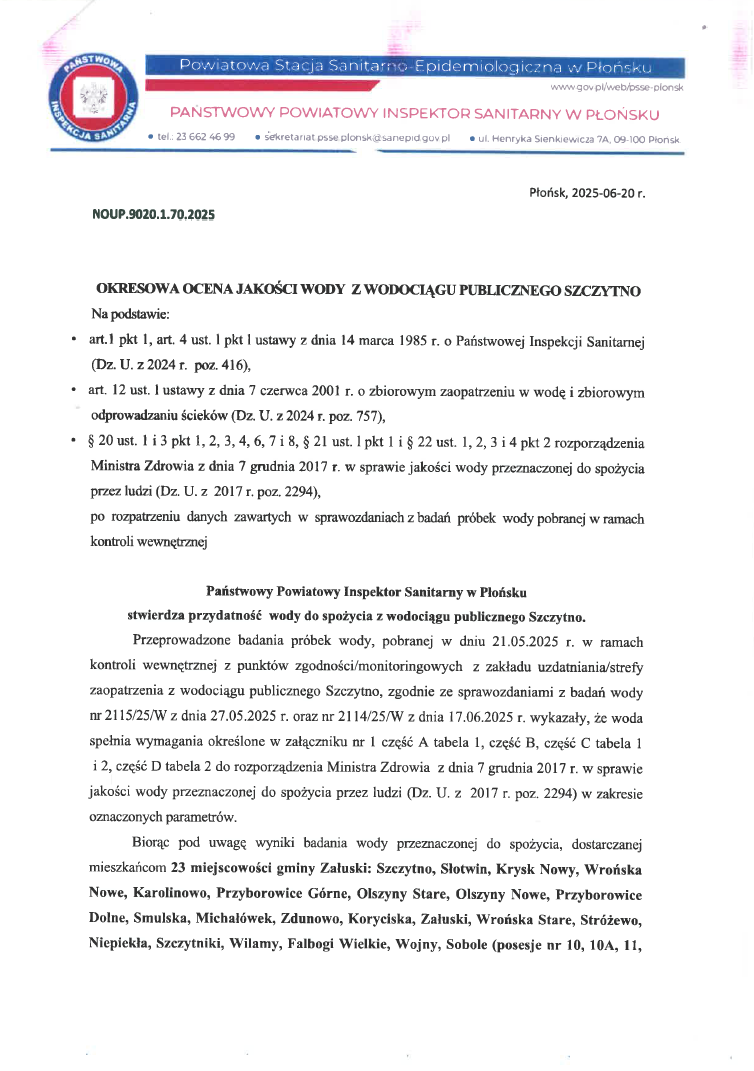 Okresowa ocena jakości wody z wodociągu publicznego Szczytno