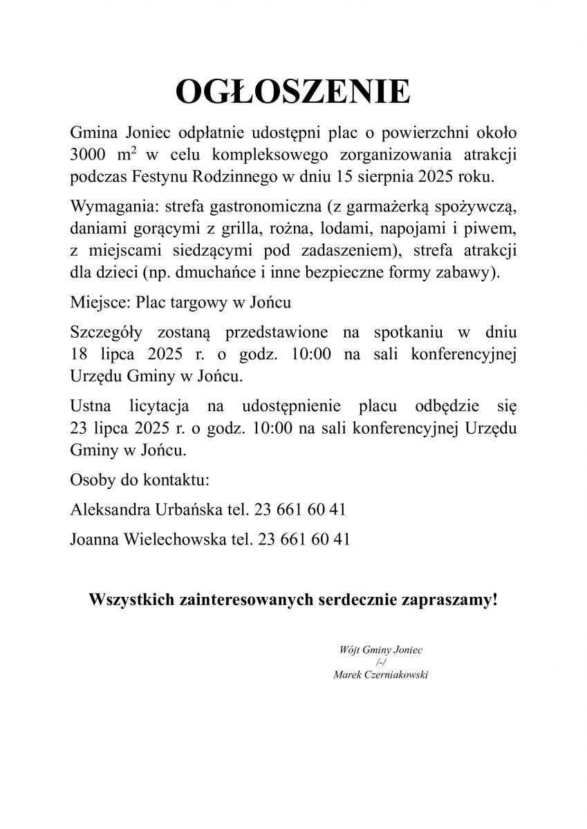 Ogłoszenie dotyczące organizacji Festynu Rodzinnego w dniu 15 sierpnia 2025 roku