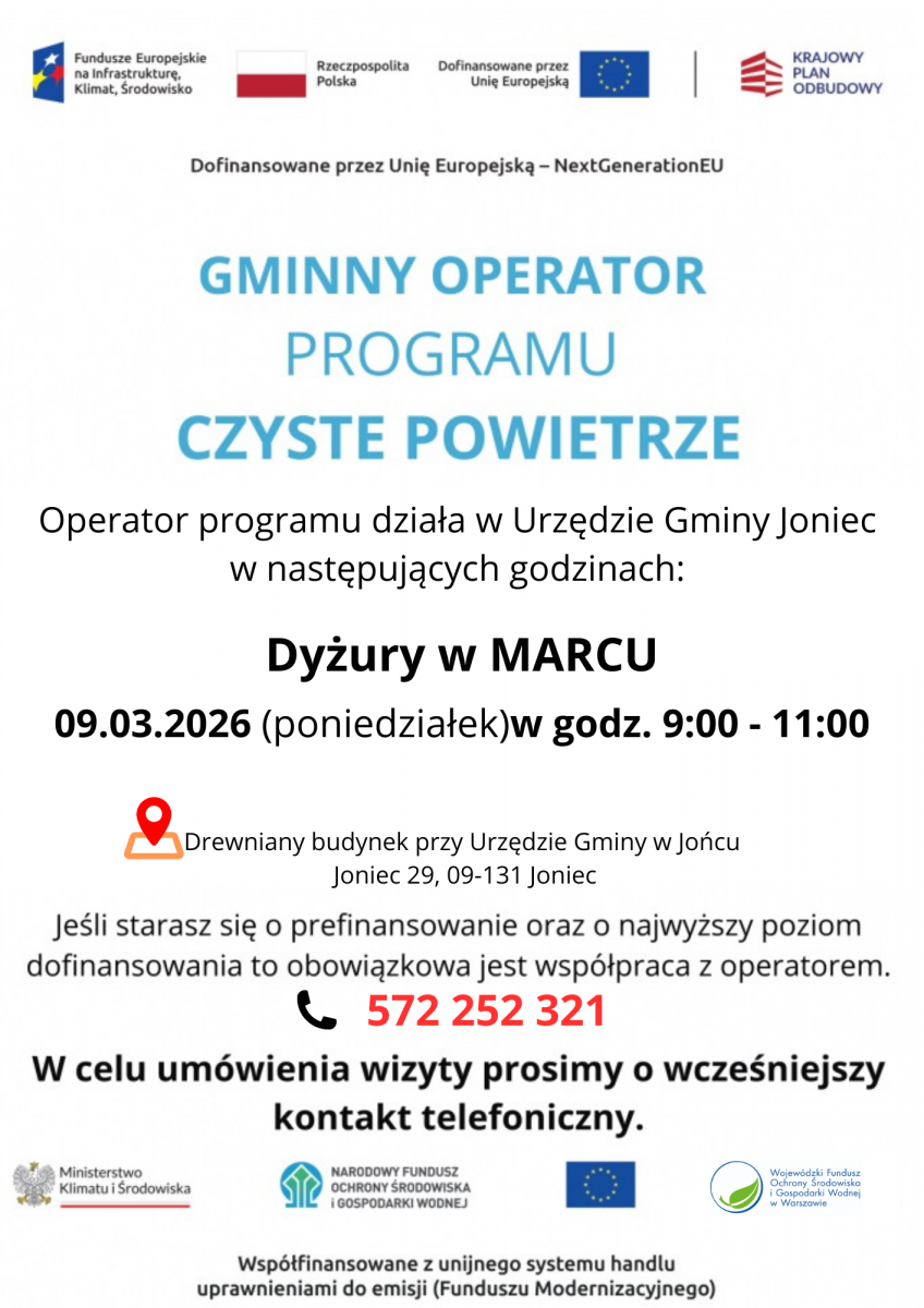 Dyżury Operatora Programu Priorytetowego Czyste Powietrze - marzec