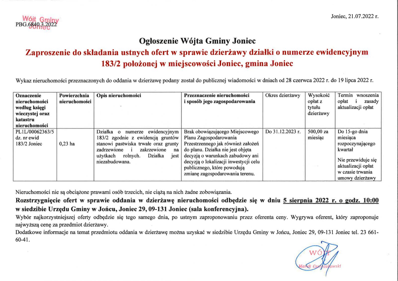 Ogłoszenie Wojta Gminy Joniec - Zaproszenie do składania ustnych ofert w sprawie dzierżawy działki o numerze ewidencyjnym 183/2 położonej w miejscowości Joniec, gmina Joniec