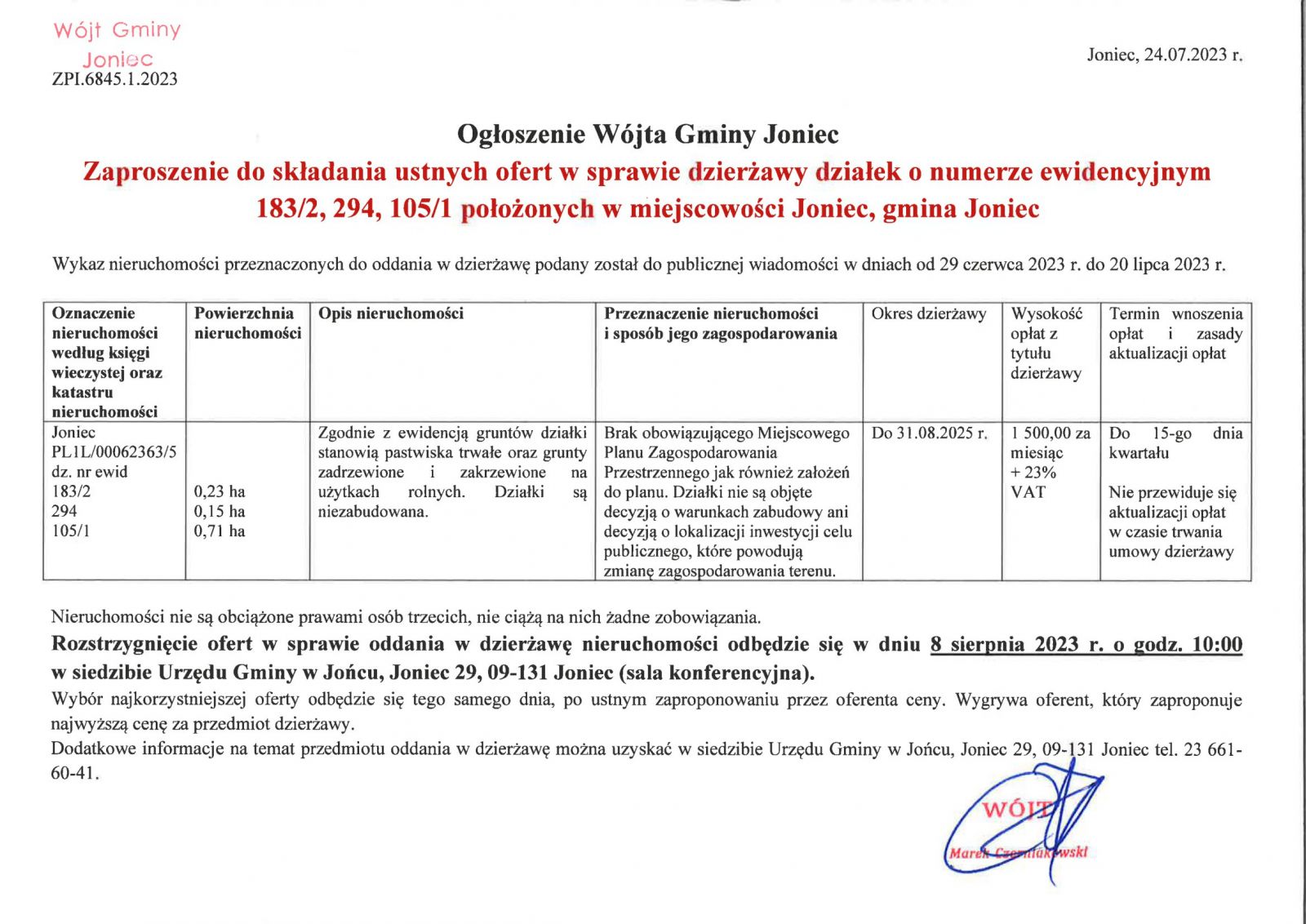 Ogłoszenie Wójta Gminy Joniec - Zaproszenie do składania ustnych ofert w sprawie dzierżawy działek o numerze ewidencyjnym 183/2, 294, 105/1 położonych w miejscowości Joniec, gmina Joniec