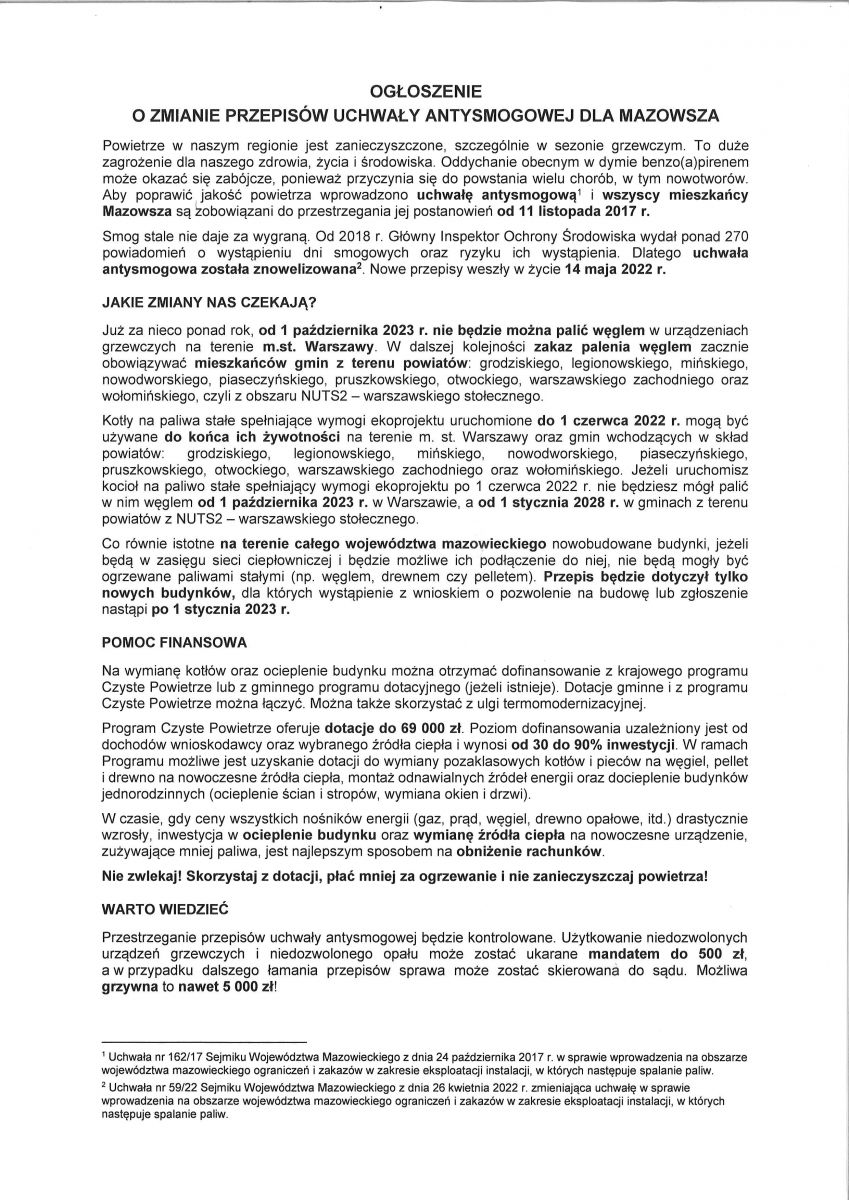 Ogłoszenie o zmianie przepisów uchwały antysmogowej dla mazowsza